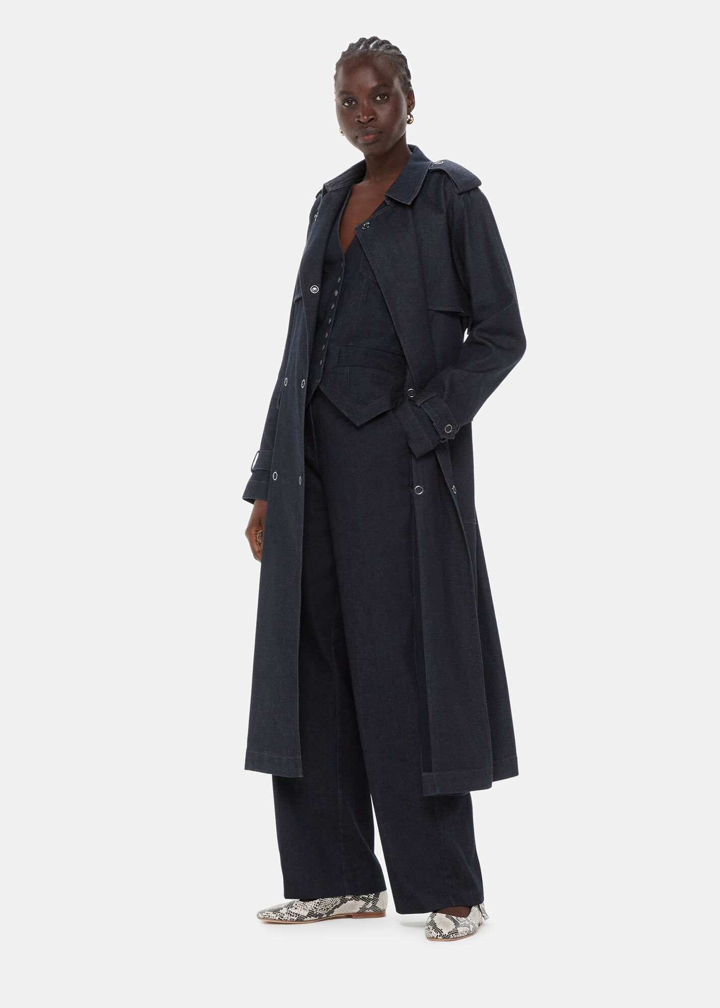 Black denim trench coat sales